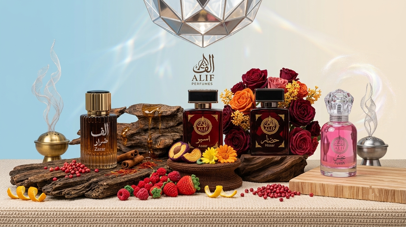 A styled product display of four ALIF fragrances on a table with decorative props including roses, spices, and incense burners against a split blue and beige background.