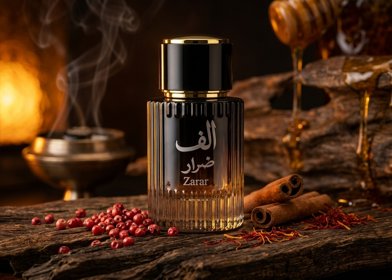 A glass perfume bottle labeled Zarar with Arabic text, featuring a black cap and gold lettering, set on a rustic wooden surface with cinnamon sticks, red berries, and a warm, atmospheric background.